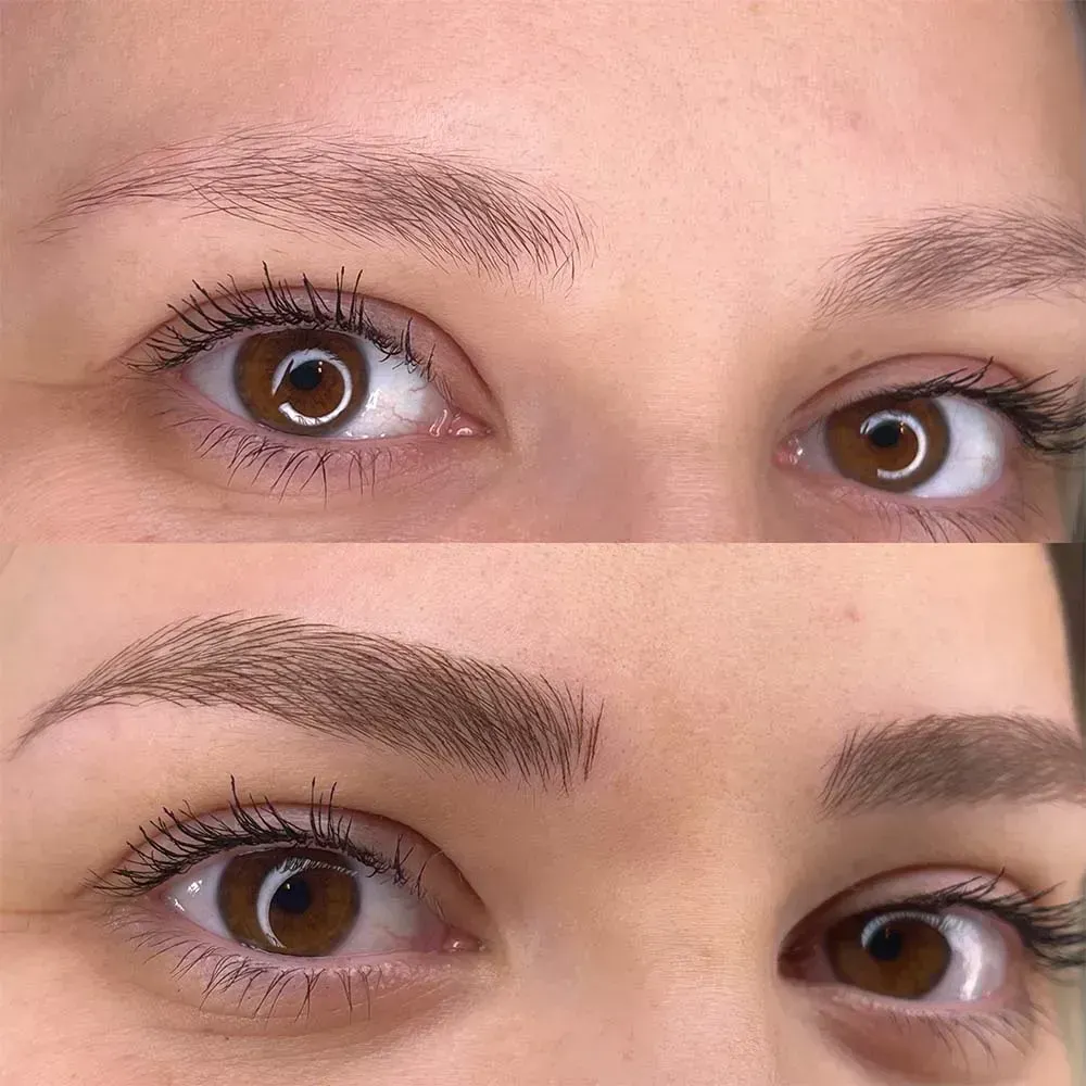 Vorher und nachher Microblading, vollere natürliche Augenbrauen